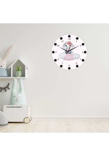 Sevimli Fil Temalı İsimli Cam Duvar Saati Çocuklara Özel Tasarım 20x20 Beyaz