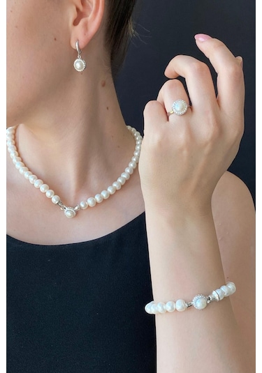 7,5 Mm Kadın Yuvarlak Taşlı Doğal İnci Küpe Kolye Yüzük Bileklik Dörtlü Set 17 Gümüş