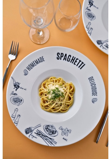 Porser Porselen Alfedo Miro Makarna Tabağı Seti 29cm 460cc 2 Li Beyaz - Siyah