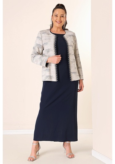 Kolsuz Uzun Elbise Taş Detaylı Jakarlı Büyük Beden Astarlı 2'li Takım-35344-lacivert Lacivert