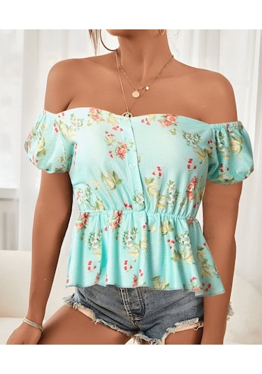 Munn Collection Kadın Kısa Kollu Madonna Yaka Çiçek Desenli Düğme Detay Gipeli Süprem Kumaş Bluz Yeşil