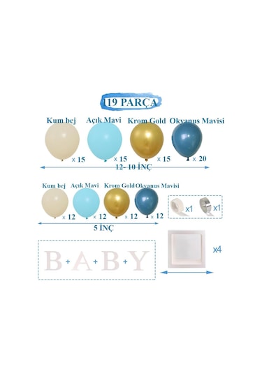 Okyanus Temalı Baby Shower Set 119 Parça Okyanus Mavi, Deniz Kumu, Krom Gold Ve Açık Mavi Balon Set