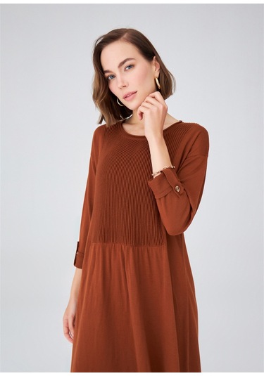 Peraluna Bol Kesim Uzun Kadın Triko Elbise Kahve