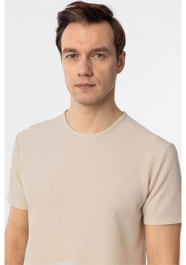 Süvari Bej Slim Fit Armürlü Bisiklet Yaka Tişört-37337 Bej