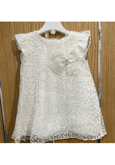 Yazlık Müslin Nokta Desenli Tüllü Taşlı Damla Aksesuarlı Bebe Kız Elbise Ekru