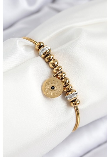 316l Çelik Zirkon Taşlı Göz Charm Model Gold Renk Kadın Bileklik