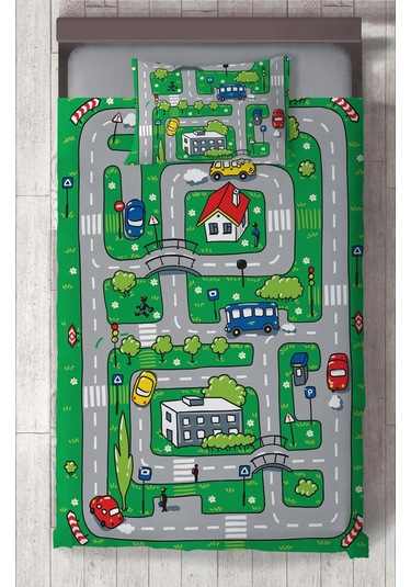 Mekta Home Bebek Ve Çocuk Odası Şehir Ve Yol Desenli Yeşil Yatak Örtüsü Renkli