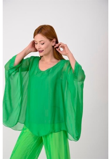 İtalyan Yarasa Kollu İpek Bluz Yeşil