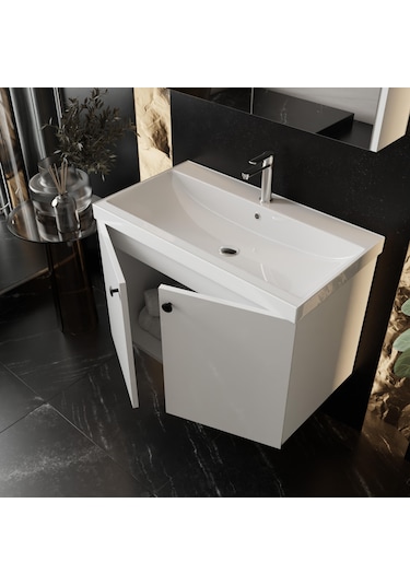 Karen Banyo Mimoza 80 Cm Seramik Lavabolu, Aynalı Banyo Dolabı Seti Lavabo Dahil Komple MDF