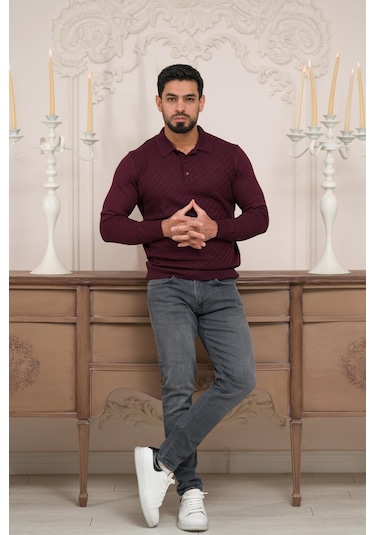 Woolen World Polo Yaka Slimfit Desenli Yünlü Erkek Triko Kazak Bordo
