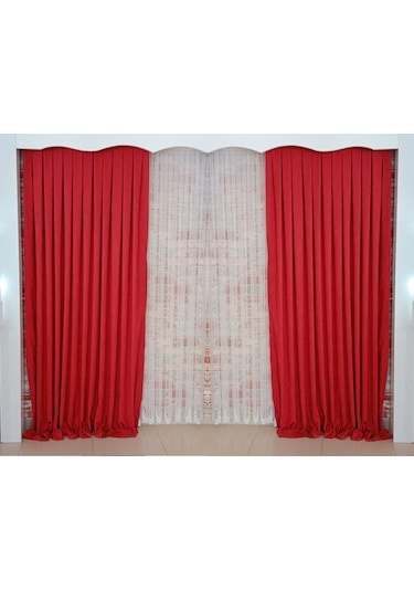 Kırmızı Renk Fon Kadife Perde Çift Kanat 1/3 Sık Pileli Dikim V-39 Kırmızı