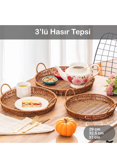 Porsima 710-c Yuvarlak 3'lü Hasır Tepsi Dekoratif Sunum Tepsisi