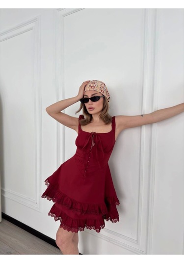 Mini Askılı Elbise - Bordo Bordo