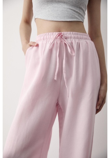 Pembe Beli Lastikli Bol Paça Pantolon Pembe