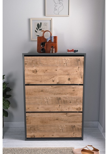 Bofigo Düşer Kapak Ayakkabılık Kayar Raflı Ayakkabılık 3 Bölmeli Ayakkabılık Melek Antrasit-Çam