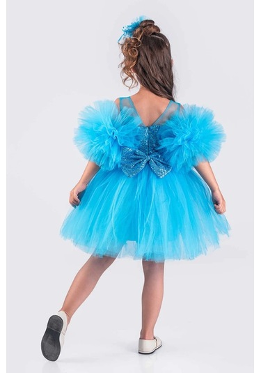 Kız Çocuk Abiye Elbise Ponpon Kol Pul Payetli Tütülü Mavi