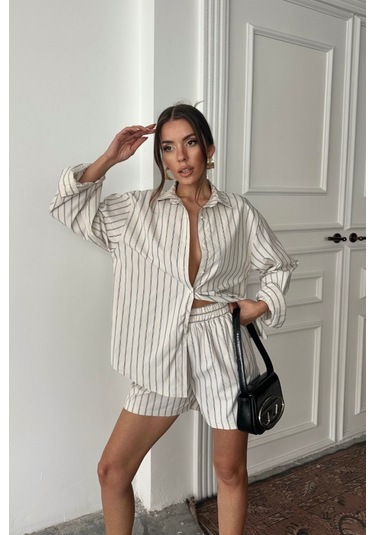 Poplin Çizgili Gömlek - Şort Takım - Bej Bej