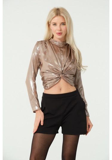 S'amore Clothing Asimetrik Crop Bluz Metalik Metalik Gold