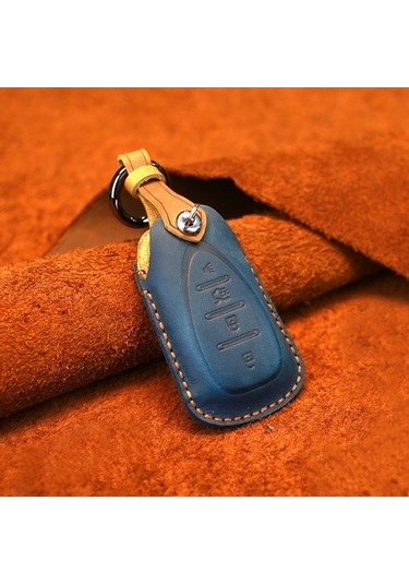 Tongxida Chevrolet Araba Sığır Derisi Anahtar Koruyucu Kılıf Mavi, Dört Tuşlu Sürüm İçin