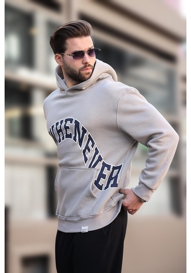 Madmext Boyalı Gri Kapüşonlu Baskılı Cep Detaylı Erkek Sweatshirt E7065 Boyalı Gri
