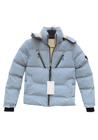 Erkek Çocuk /kız Çocuk Çapraz Fermuar Model Kapüşonu Çıkabilen İçi Peluş Astarlı Buz Mavi Renk Mont Açık Mavi