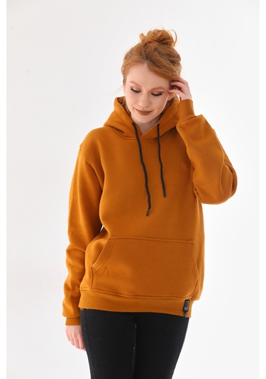 Everest Everst Kapüşonlu 3 İplik Şardonlu Cepli Sweatshirt Hardal