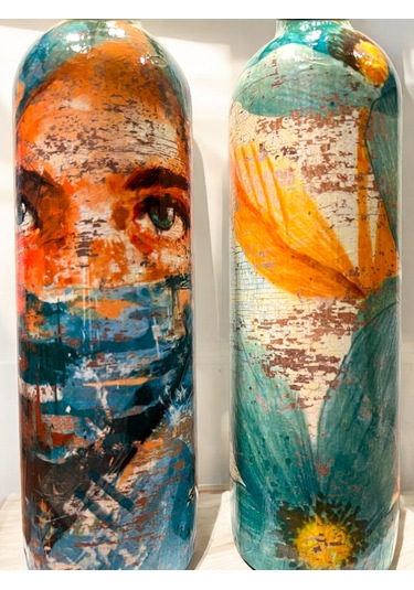 El Yapımı Soyut Kadın Portresi Ve Çiçek Motifli Vintage Yağdanlık Set, Mutfak Sosluk, Sirkelik Yeşil