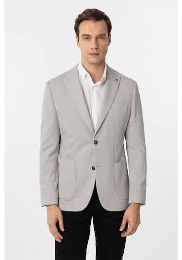 Süvari Gri Slim Fit Armürlü Sivri Yaka 6 Drop Ceket