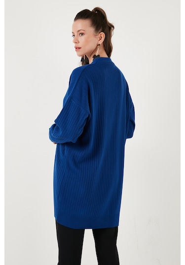 Lela V Yaka Düğmeli Uzun Triko Bayan Hırka 4616040Y Mürekkep