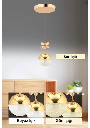 Kelebek Gold 3 Renk Ledli Kristal Taşlı Modern Led Avize Koridor Çocuk Odası Oturma Odası Gold