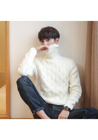 Balıkçı Yaka Bükülmüş Erkek Kazak Beyaz