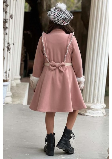 Riccotarz Kız Çocuk Kazayağı Desen Elbise Kolları Peluş Ve Omuzları İnci İşleme Kemerli Pembe Kaşe Kaban Pembe
