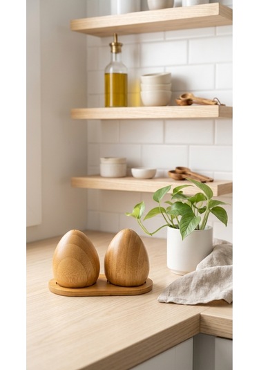 Makri Home Bambu Tuzluk & Karabiberlik Seti, Damla Tasarım, Stantlı Doğal Bambu Baharatlık Diğer
