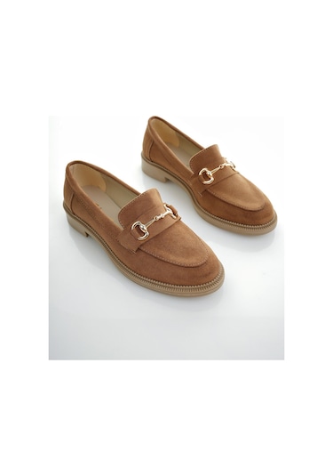 Muggo Sussie Garantili Metal Tokalı Kadın Loafer Günlük Ayakkabı - Süet Taba