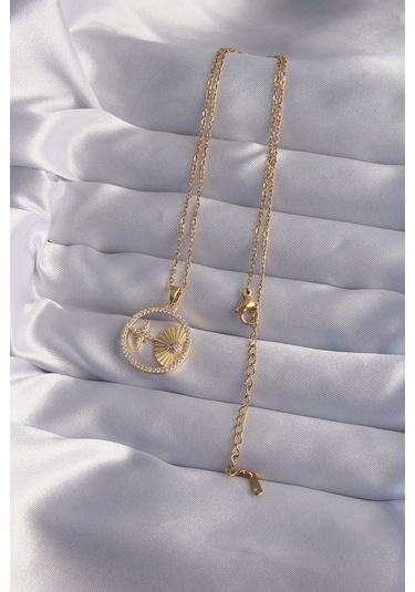 Forwhat Zarif Kadın İçin Golden Çelik Zincir Zirkonlu Yıldız Oval Kolye Metalik