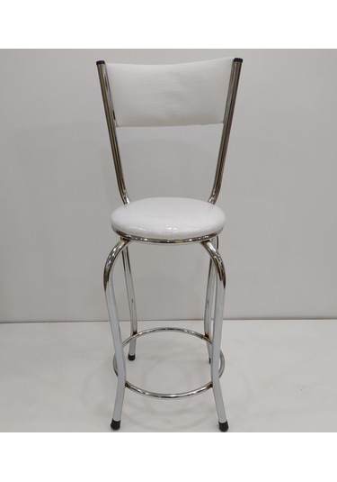 Sandalye Bar Tipi Yüksek Model Beyaz 1 Adet Metal Çelik Nikelaj Suni Deri Döşeme El Yapım Beyaz