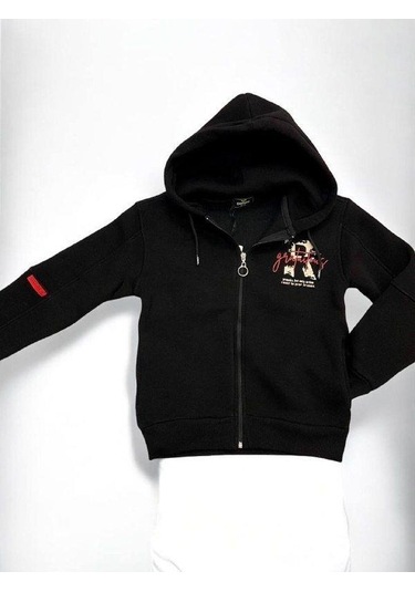 Erkek Çocuk 3 İplik Şardonlu Kapüşonlu Hırka-14842 Siyah