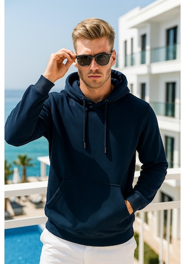 Rich Erkek Lacivert Pamuklu Cep Detaylı Kapüşonlu Sweatshirt Lacivert