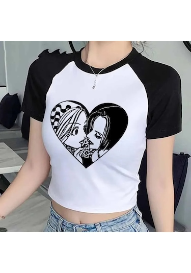 Snapbuy Nana Japon Anime Yazlık Kısa Kollu T-shirt - Kadın Harajuku Kalp Grafik Tişörterkek Gri