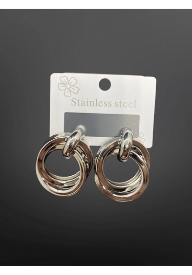 Gümüş Renk 316l Çelik Halka Küpe Modern Zincir Görünümlü Çift Halka Tasarım Gümüş