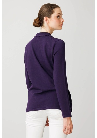 Desen Triko Polo Yaka Likralı Kadın Bluz 25091 Mor