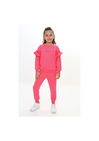 Kız Çocuk 2'li Takım Baskılı Bisiklet Yaka Reglan Kol Fırfırlı Sweatshirt & Beli Paçası Lastikli Cepli Jogger Eşofman Altı - 2 İplik Fuşya