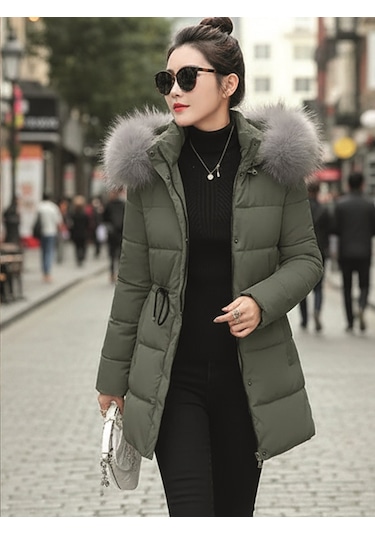 Barbora Kışlık Orta Boy Kapüşonlu Kadın Mont Haki