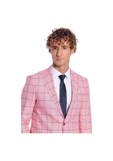 Mavi Kare Desenli Slim Fit Pembe Erkek Ceket 001