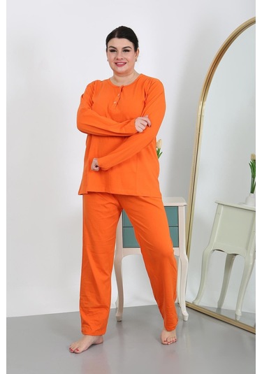 Akbeniz Kadın Büyük Beden Uzun Kol Penye Pijama Takımı Turuncu 202501 Turuncu