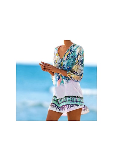 Şifon Yılan Dokusu Baskılı Mayo Örtüsü Mavi