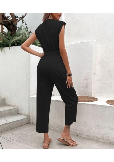 Barbora Keten Kadın V Yaka Tek Sıra Düğmeli Kolsuz Tulum Ln28siyah2 001