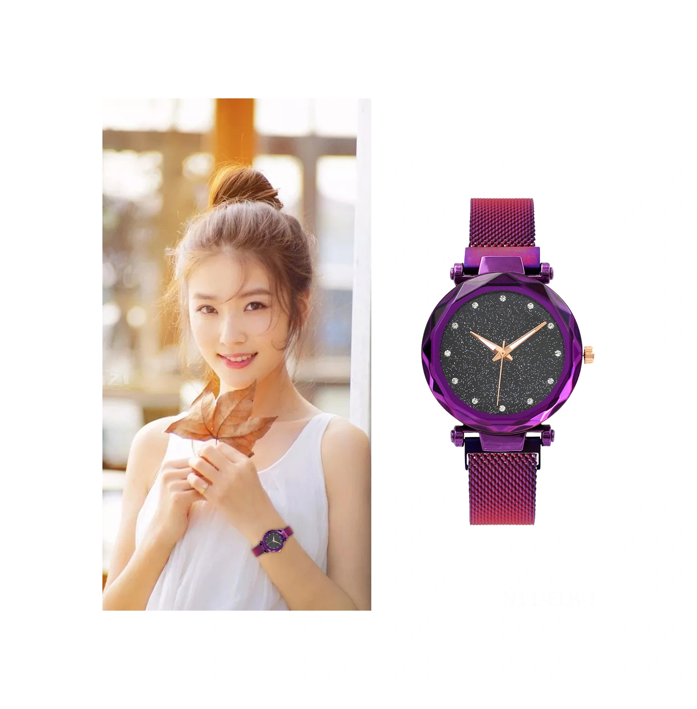 Xindoker Rose Gold Alloy Kasa, Pırlanta Takılı, Yıldızlı Gölge Kadın Kol Saati, Milanese Kayışlı, Mıknatıs Kapanmalı, Kuvars Hareketli Diğer