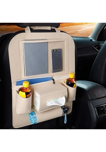 Glanz Araç Koltuk Arkası Organizer Bej Oto Tablet Telefon Tutucu Araba İçi Düzenleyici