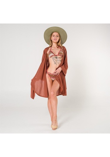 Mona Kadın Kruvaze Pul Baskılı Plaj Elbisesi Tarçın Turuncu